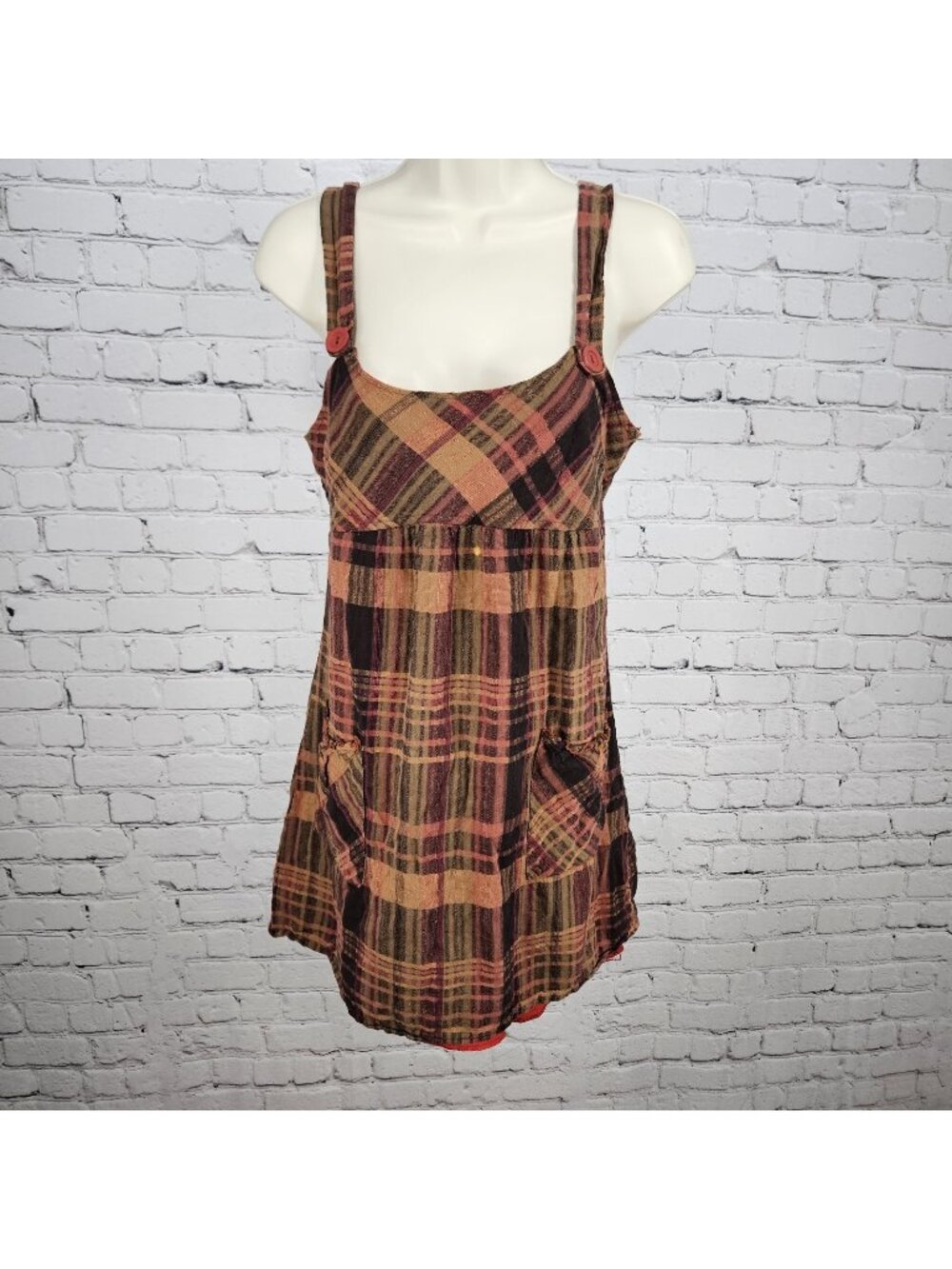 VTG Honolua Wahine Multicolor Plaid Strappy Lined Short Dress USA Medium